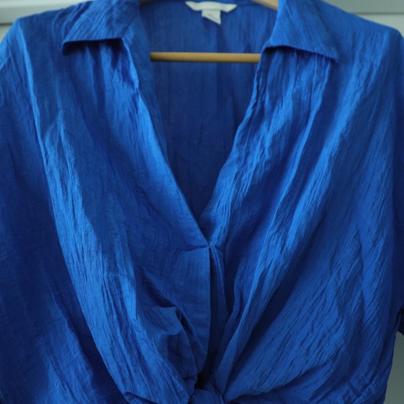 Electric Blue Cropped Shirt with Bow - L - Picture 4 of 6